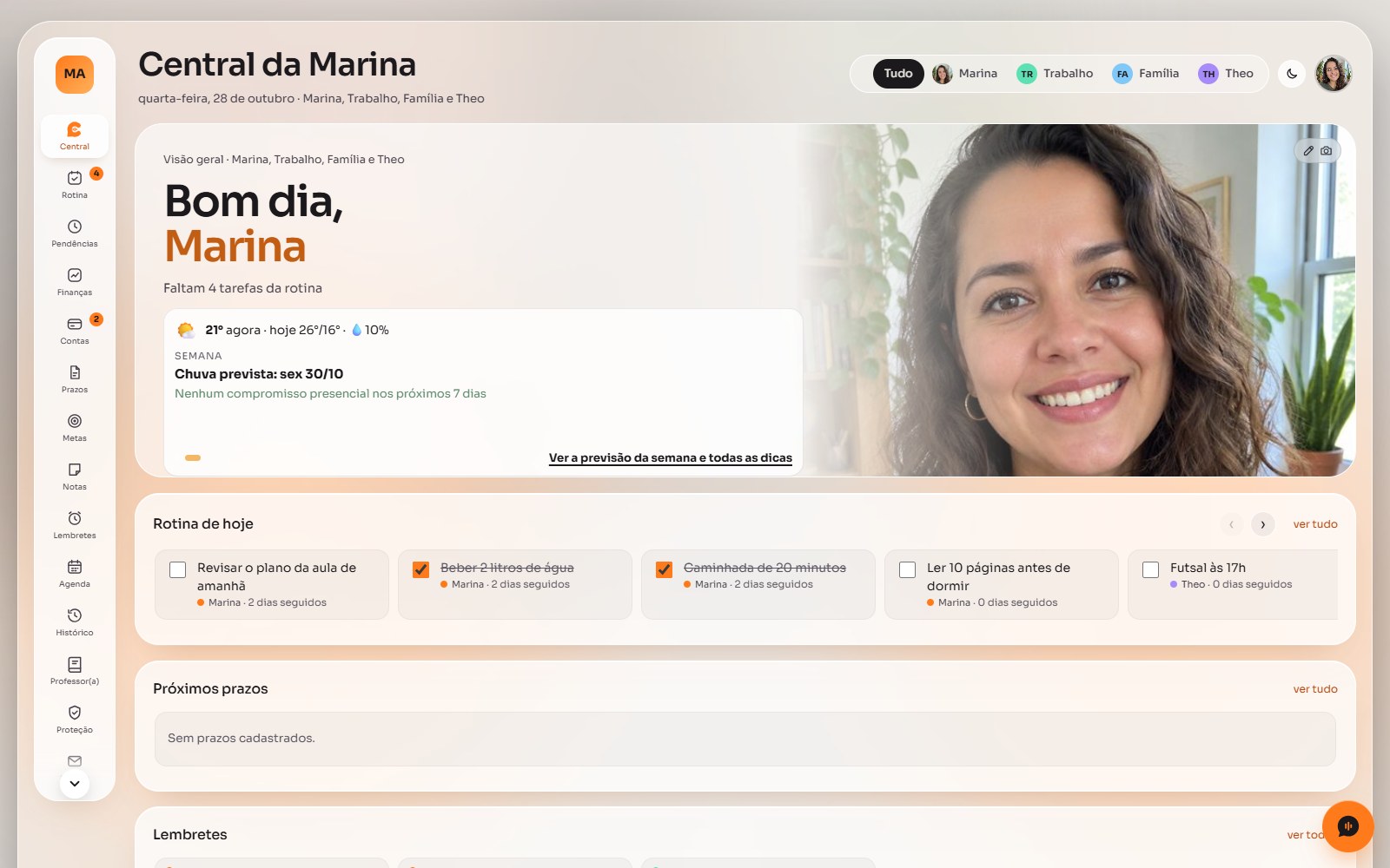 A Central da Marina no computador, com perfis, rotina de hoje e previsão do tempo