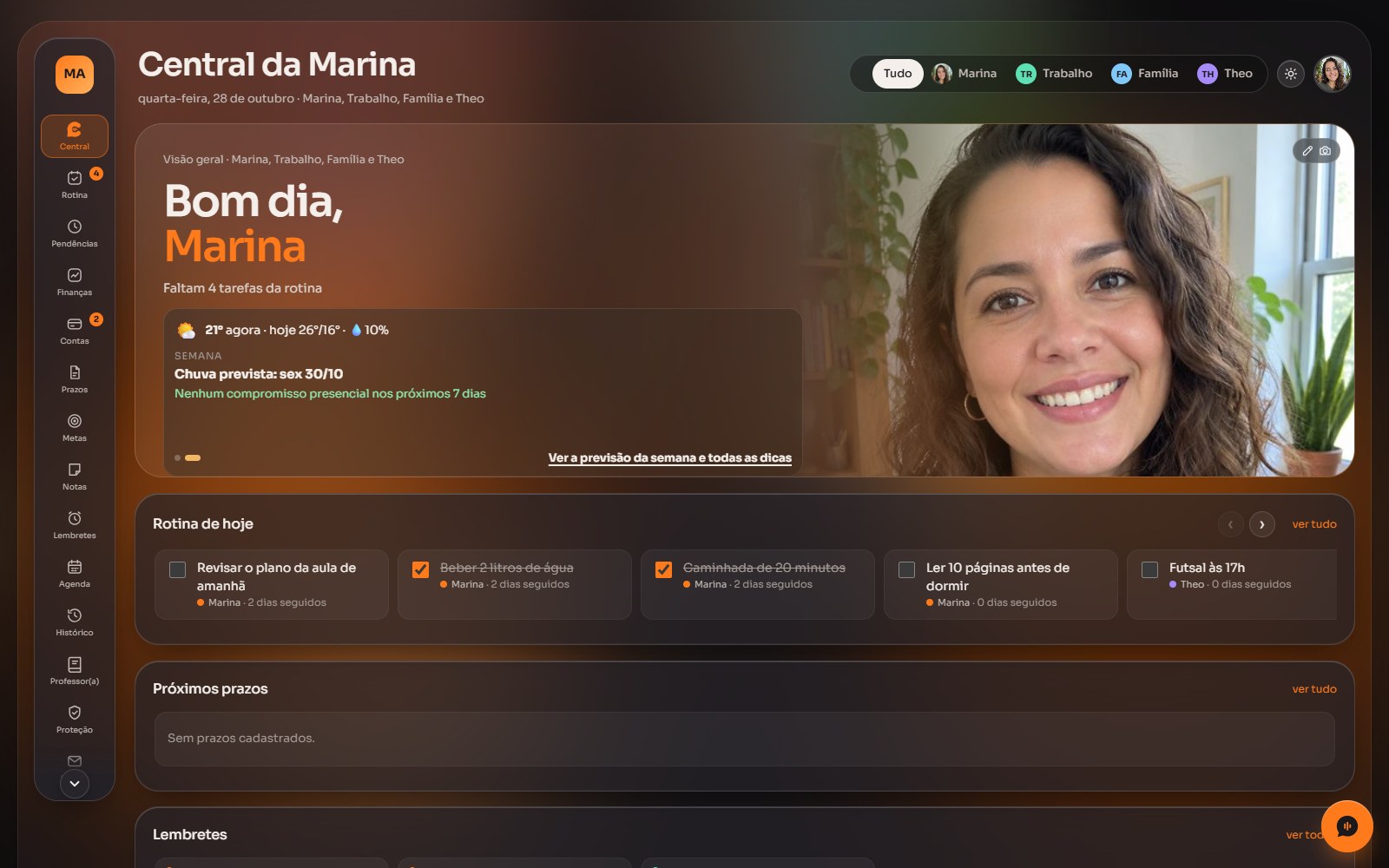 A Central da Marina no computador, com perfis, rotina de hoje e previsão do tempo
